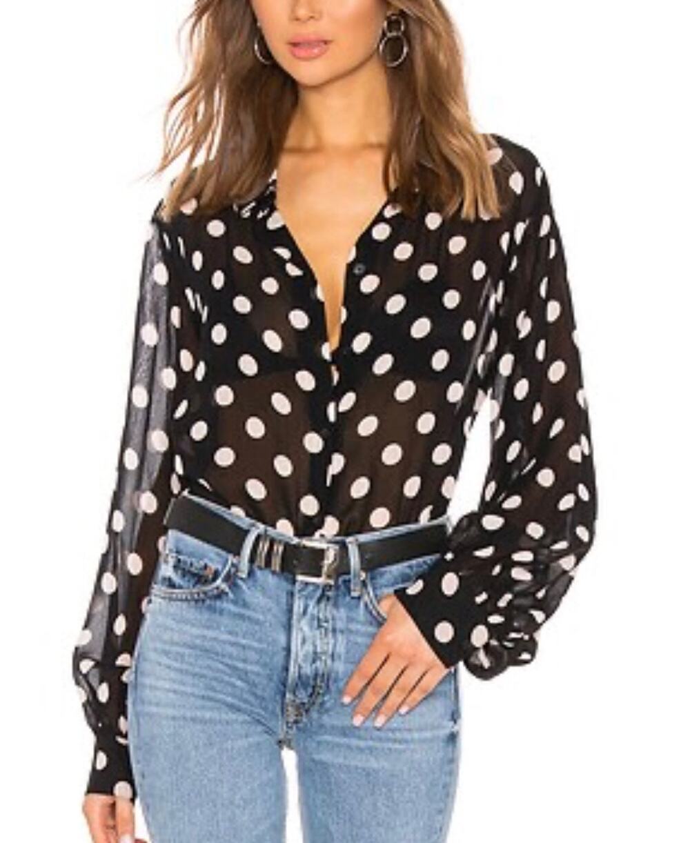 Sanctuary Slone Blouson Sleeve Shirt Cherry Blossom Dot Black Polka Sheer XL